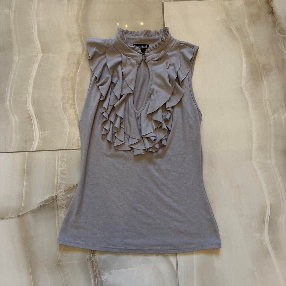 tempted gray ruffle keyhole blouse